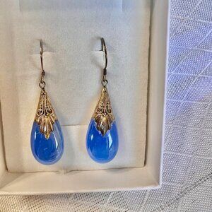 Vintage Italian Blue Teardrop Earrings, Opalescent Blue Glass Drop Earrings